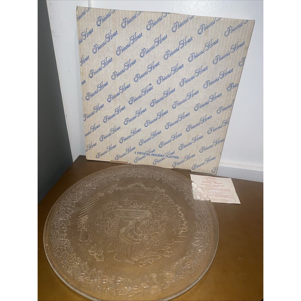 NIB VTG 1988 Princess House Fantasia Etched Crystal Christmas Platter 13in #075